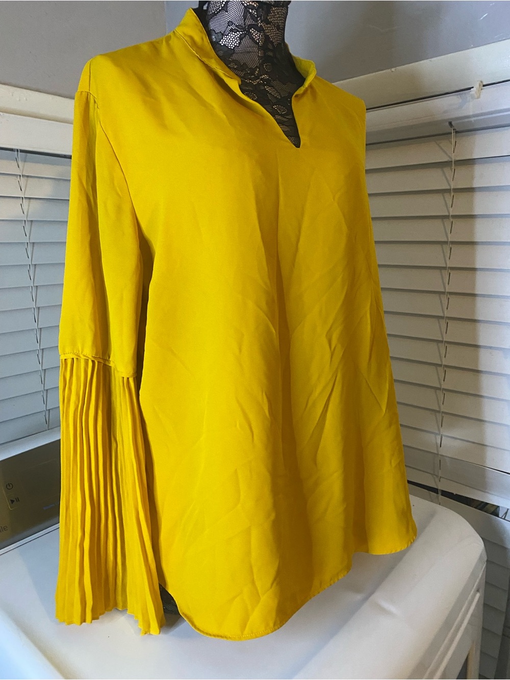 Ralph Lauren Mustard Yellow Pleated Bell-Sleeve V-Neck Blouse